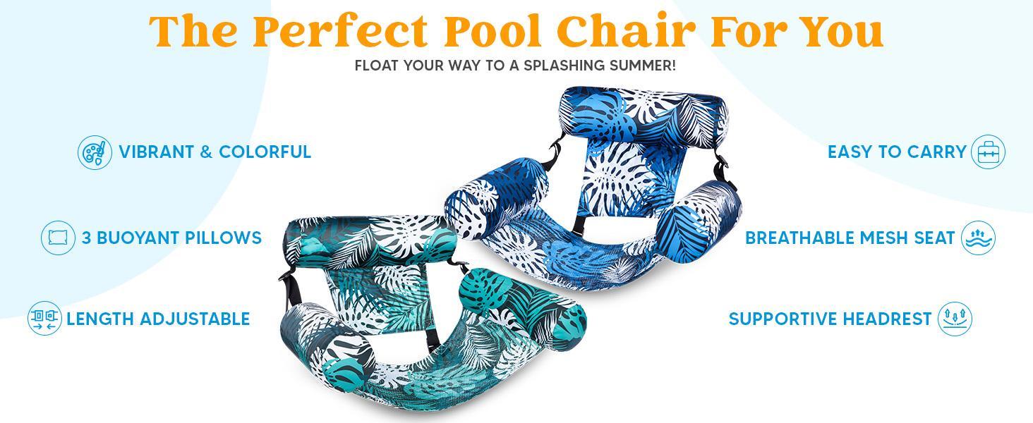 Pool chair features including pillows mesh seat and adjustable straps