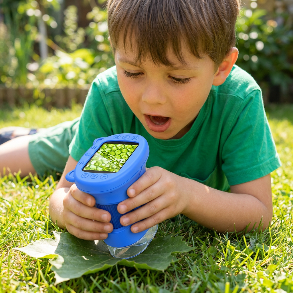 Boy exploring a leaf at 1000X zoom in the backyard with the kids zoom camera microscope