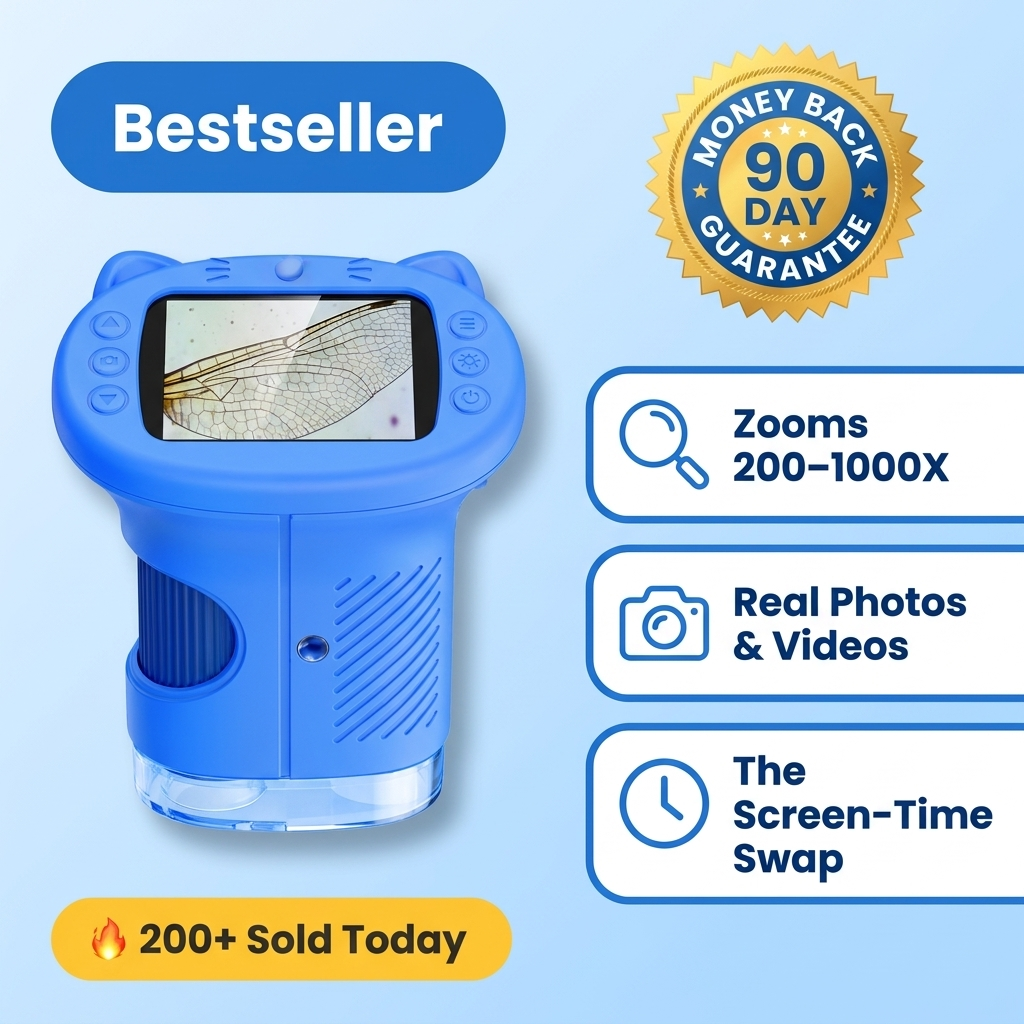 Kids 1000X zoom camera microscope bestseller — zooms 200-1000X, real photos and videos, 90-day guarantee
