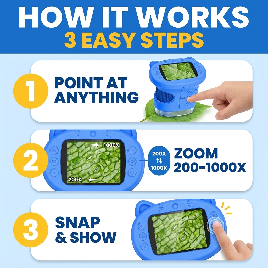 How it works — 3 easy steps: point, zoom 200-1000X, snap and show