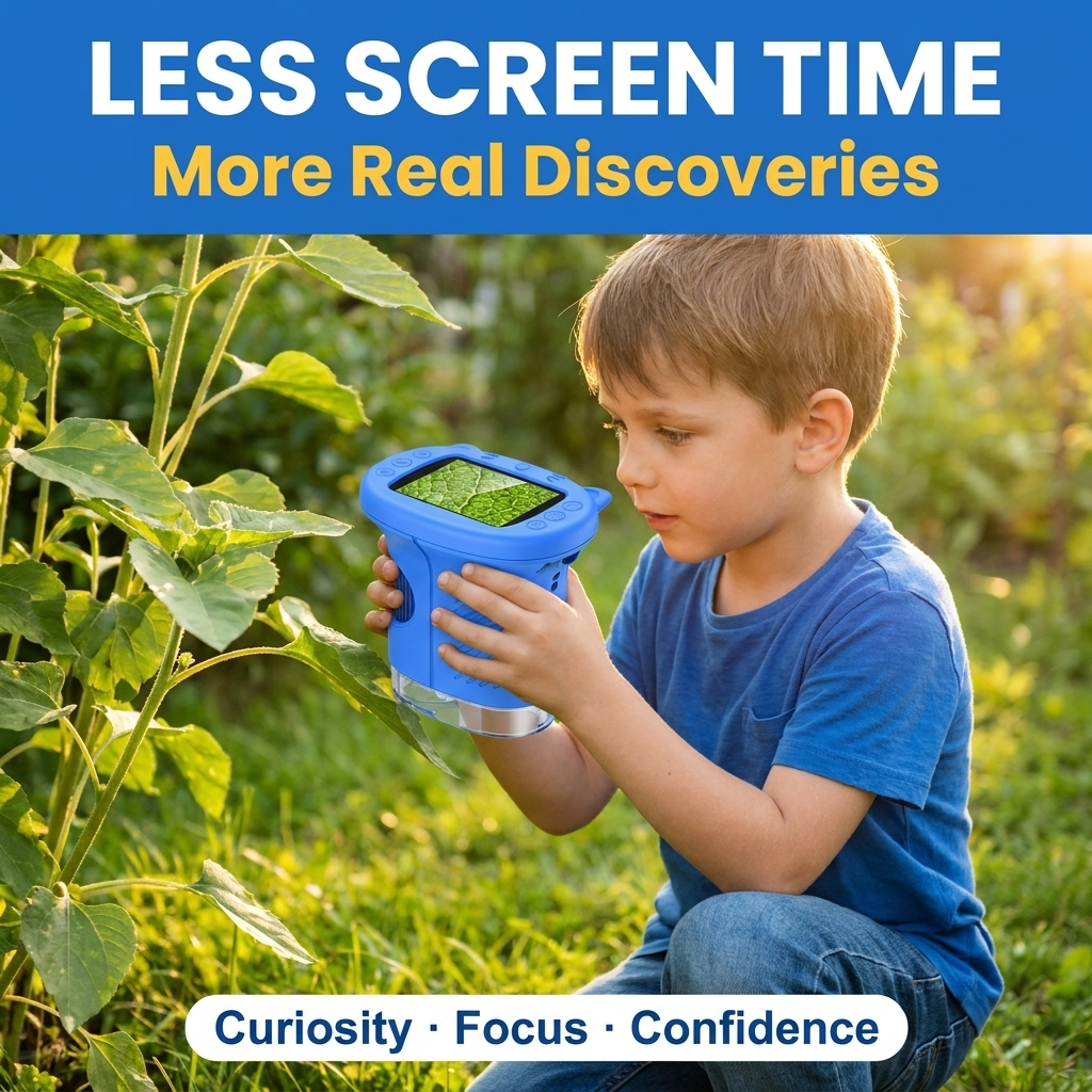 Less screen time, more real discoveries — boy exploring with the kids zoom camera