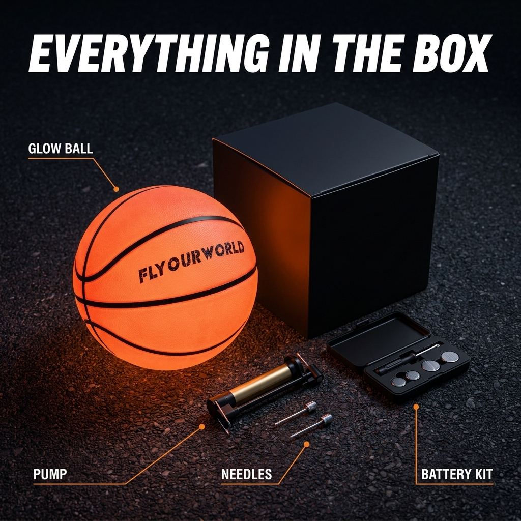 Everything in the box — GlowJam glow ball, pump, needles, battery kit