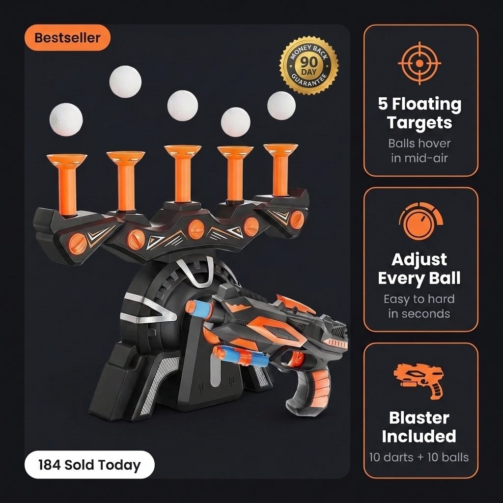 SkyPop floating target game with 5 hovering balls and dart blaster
