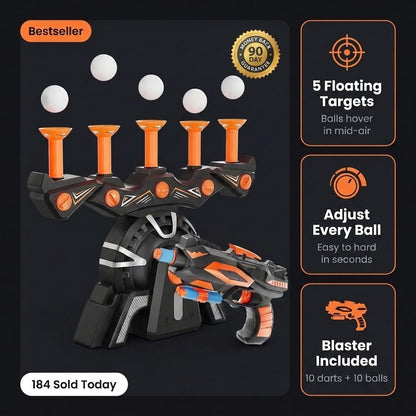 SkyPop floating target game with 5 hovering balls and dart blaster