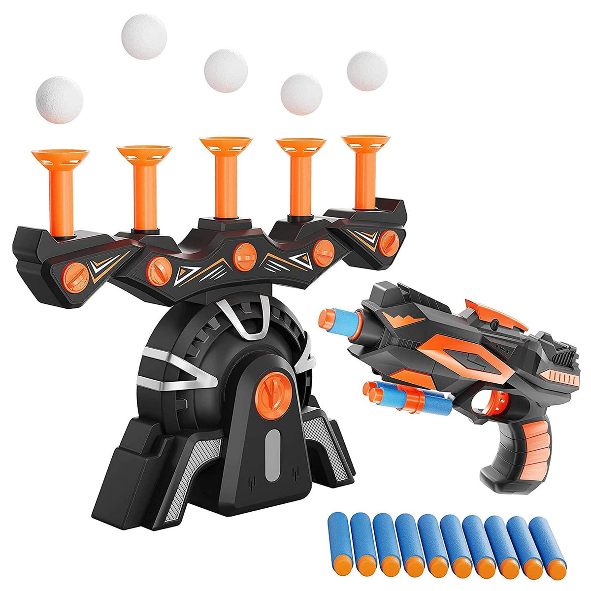 SkyPop target base, 5 floating foam balls, dart blaster and 10 foam darts
