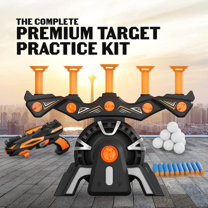 Complete floating target game kit with blaster, foam balls and darts