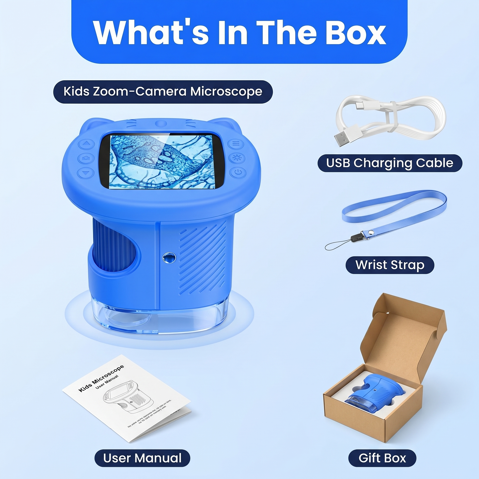 What is in the box: kids zoom-camera microscope, free explorer wrist strap, USB cable, user manual, gift box