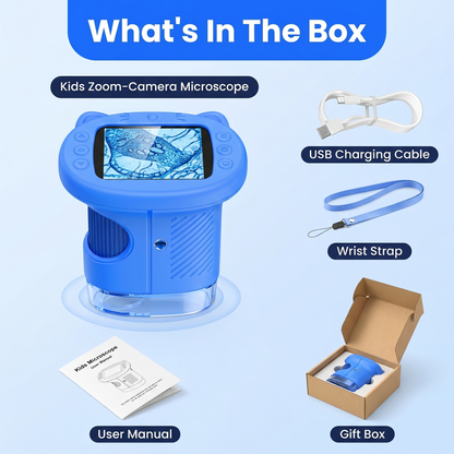 What is in the box: kids zoom-camera microscope, free explorer wrist strap, USB cable, user manual, gift box