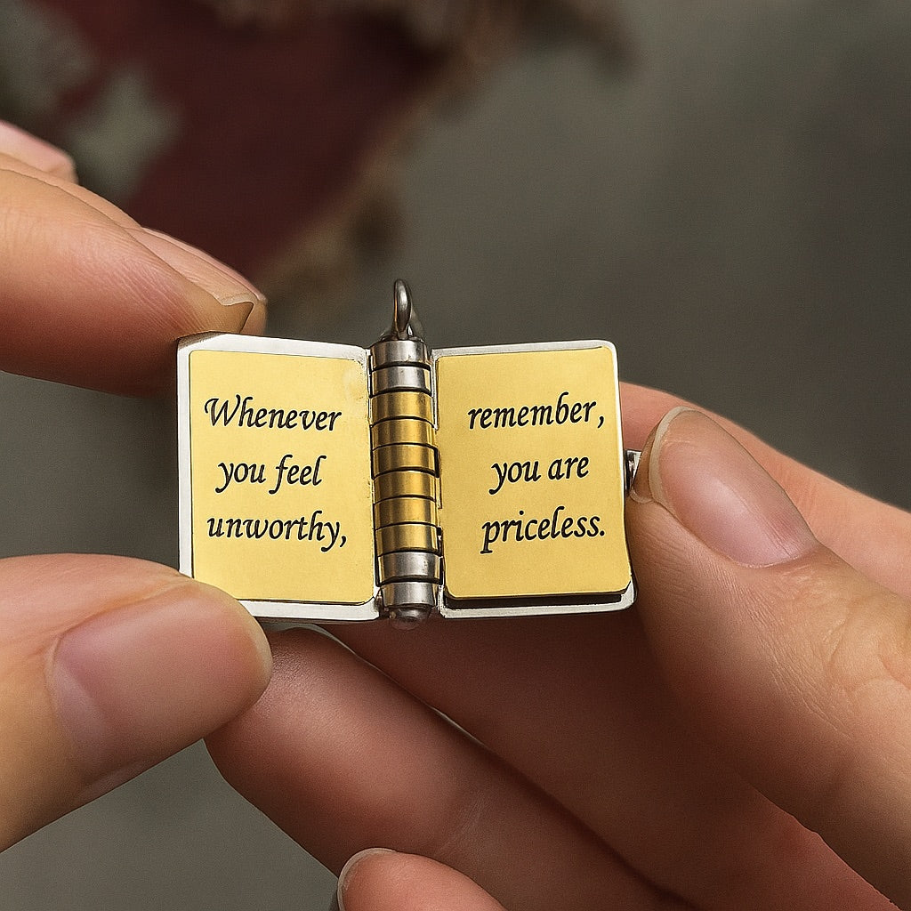 Woman wearing the book locket necklace