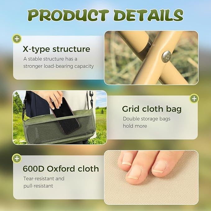 Details of the folding stool frame, mesh pocket, and strap