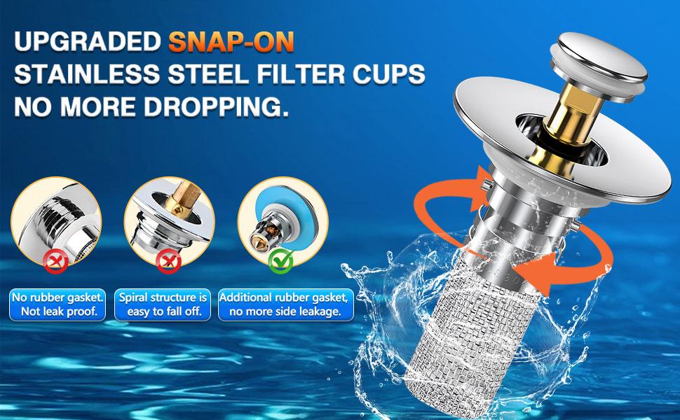 Upgraded snap-on stainless steel filter cup with sealing gasket