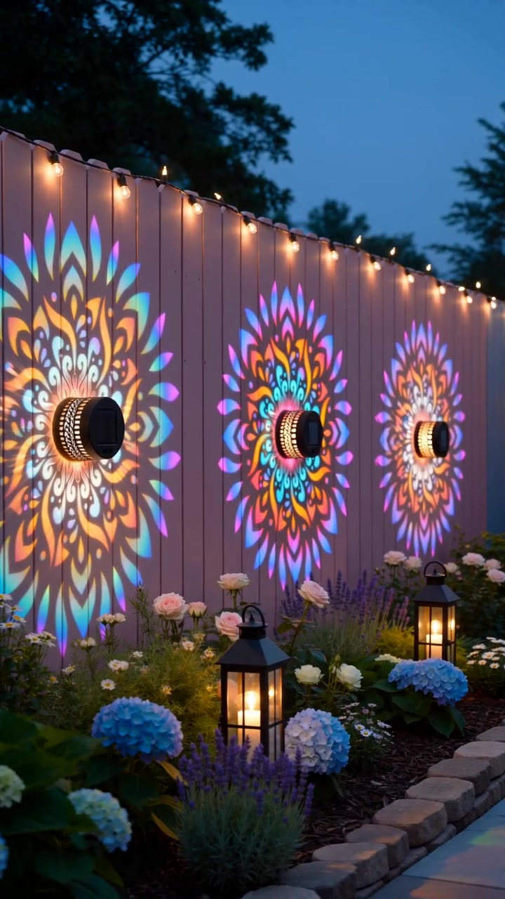 Solar mandala lights along garden fence