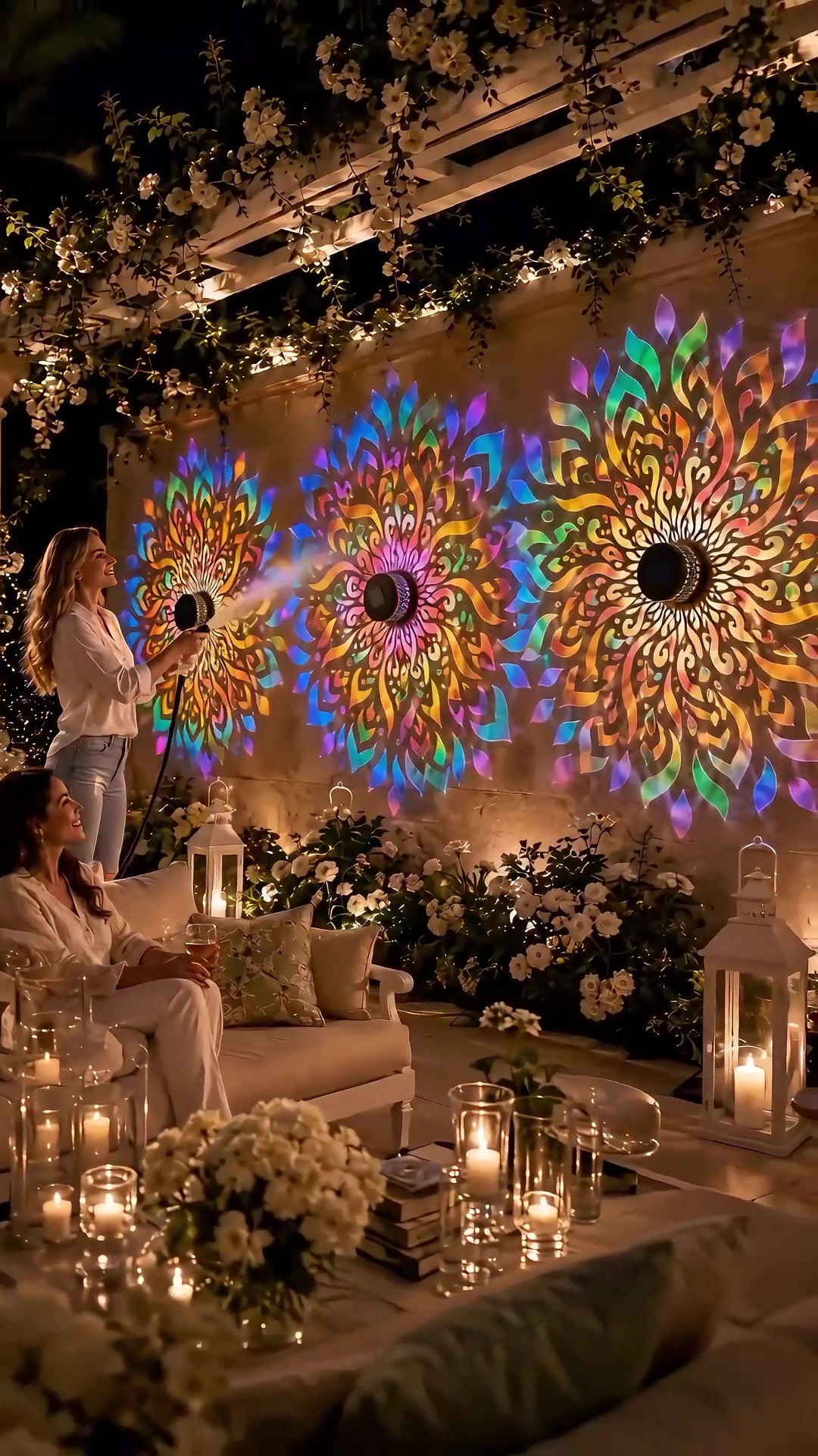 Solar mandala lights in courtyard