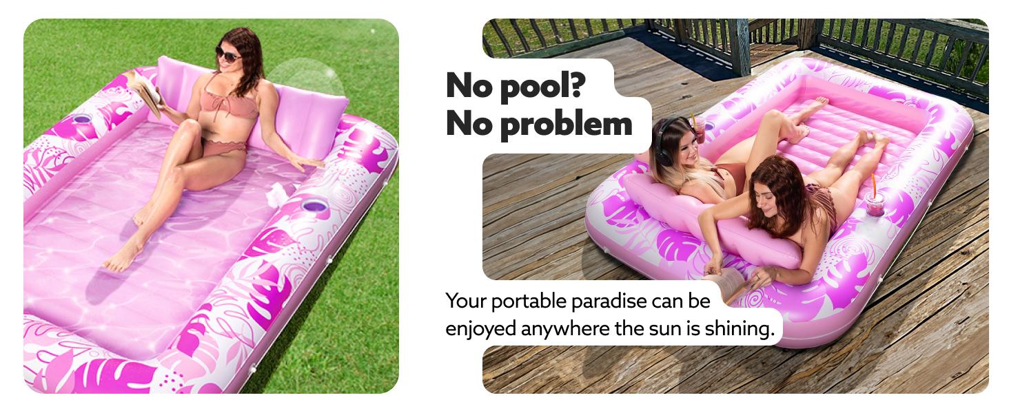 Inflatable backyard tanning lounge on a patio without a pool