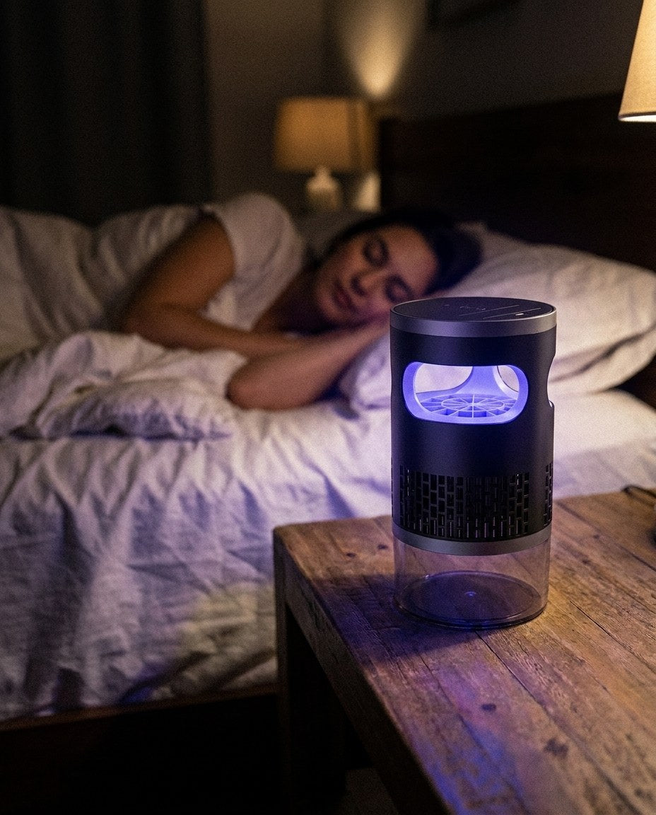 UV insect trap glowing on a nightstand while the family sleeps