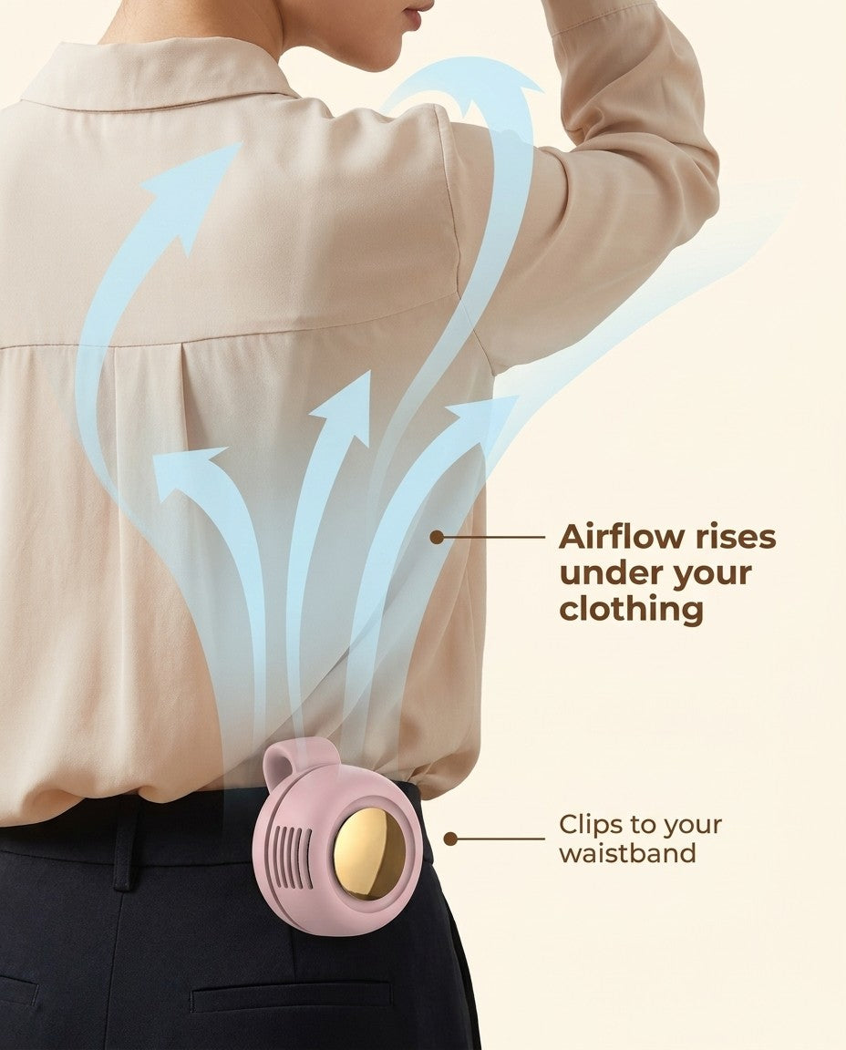 Airflow rises under your clothing from the clip-on fan